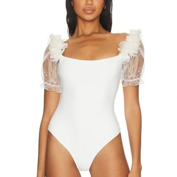 Free People Intimately Free Pretty Petals Puff Sleeve Thong Bodysuit White Large - Picture 1 of 8